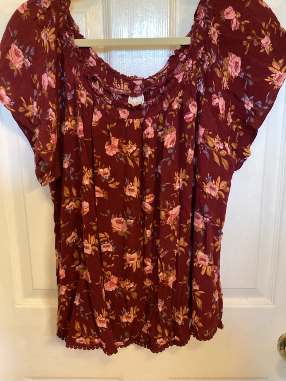 Self Esteem Burgundy Floral Peasant Blouse with Pink Rose Print